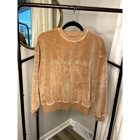 Anine Bing Evan Velour Sweatshirt in Taupe size S small - Picture 3 of 6